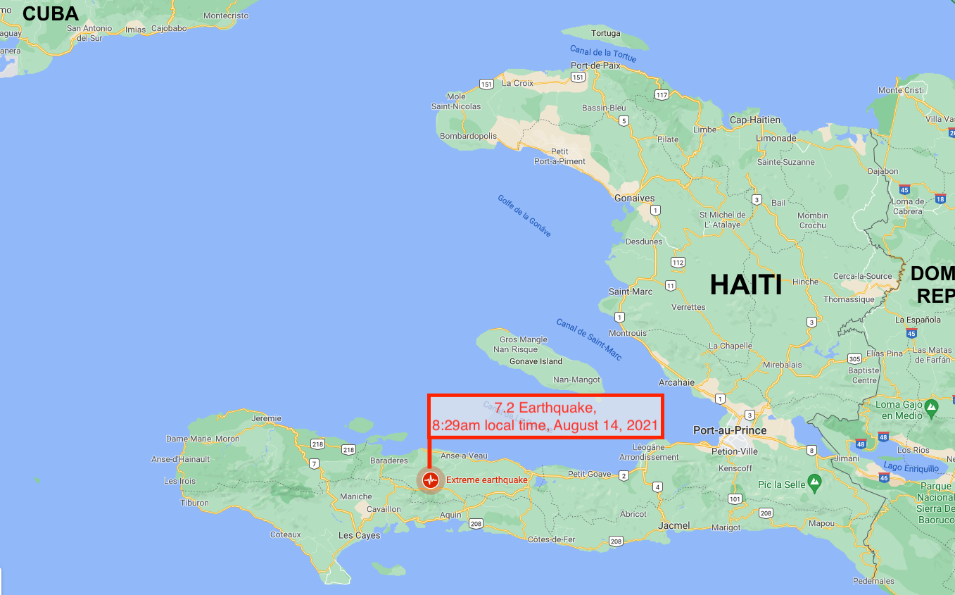 Map of Haiti showing 7.2 earthquack location August 14, 2021